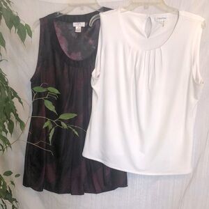 LOFT sz L purple black pleated sleeveless top  & CALVIN KLEIN sz 14 white top